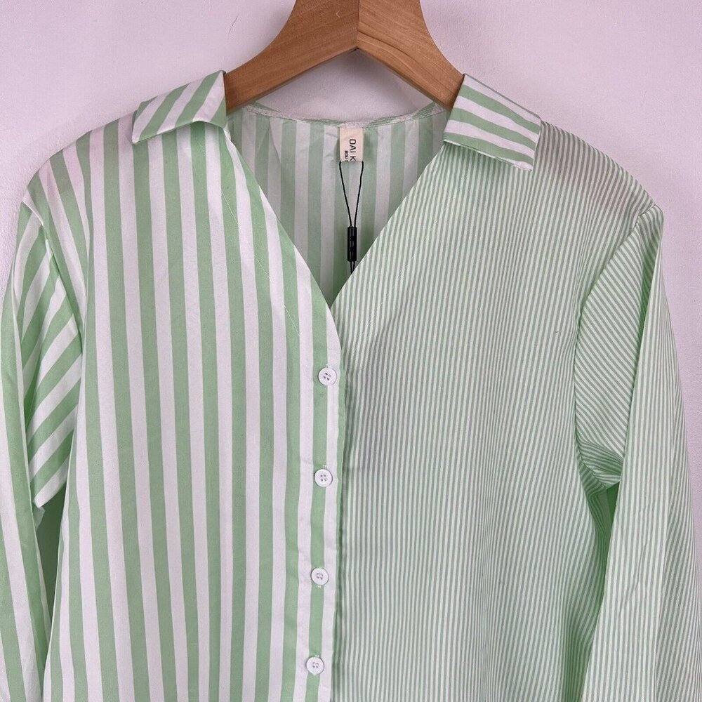 Light Green Striped Button-Front Blouse - Picture 3 of 16